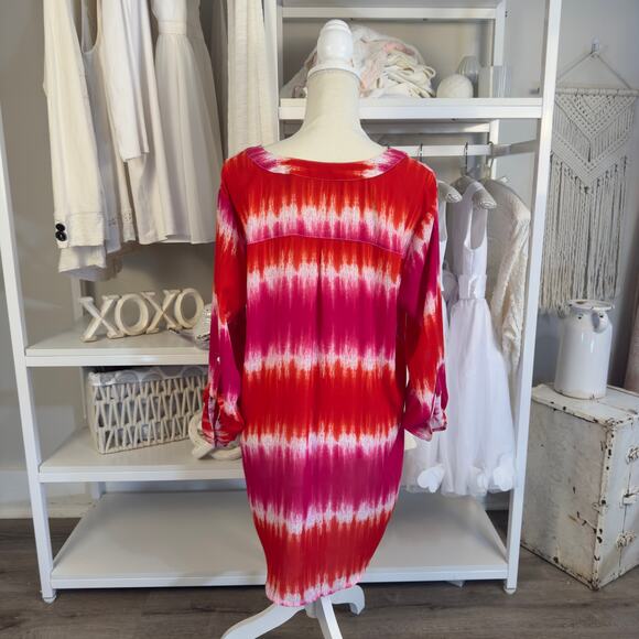Cato Women's Size L Red and Pink Tie Dye Striped High Low Blouse #3456 - Picture 3 of 8